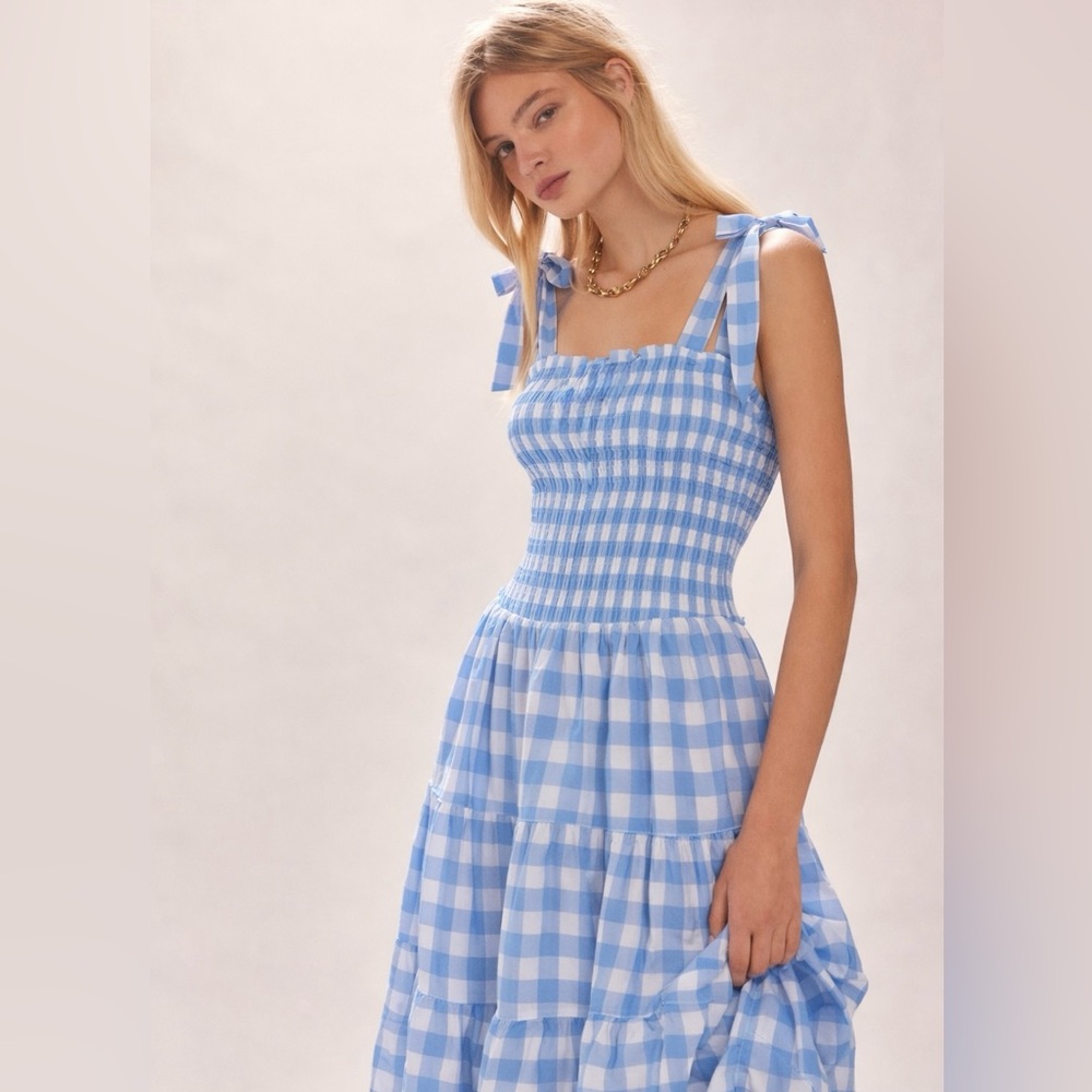 Cellecci Blue Gingham Smocked Tie Strap Tiered Midi Dress Size M